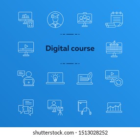 Digital course line icon set. Student, computer, lection. E-learning concept. Can be used for topics like training, online lesson, webinar
