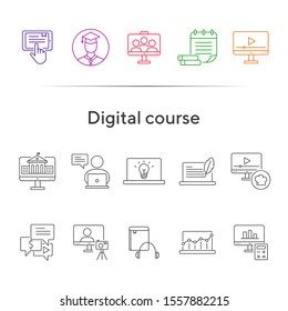 Digital course line icon set. Student, computer, lection. E-learning concept. Can be used for topics like training, online lesson, webinar