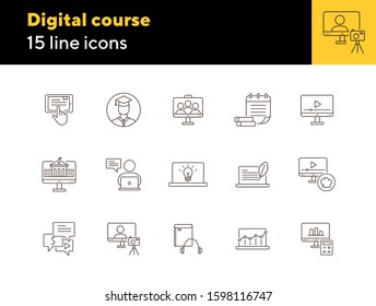 Digital course line icon set. Student, computer, lection. E-learning concept. Can be used for topics like training, online lesson, webinar