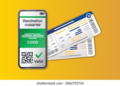 Digital COVID Certificate vaccination color flat element on a yellow background. Boarding pass documents for flight. QR code scanning in smartphone. 