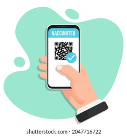 Digital COVID-19 certificate with QR code in a flat design. Hand holding smartphone with vaccinated info