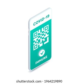 Digital Covid-19 vaccine passport on smartphone screen with QR code isometric vector concept. 3d Vaccination green certificate on mobile phone. Health pass app, immunity to coronavirus.