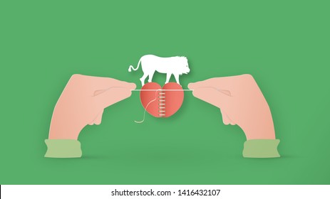 Digital craft design in concept of "Save animal wildlife". Manipulation art isolated on green background.in paper cut style.