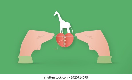 Digital craft design in concept of "Save animal wildlife". Manipulation art isolated on green background.in paper cut style.