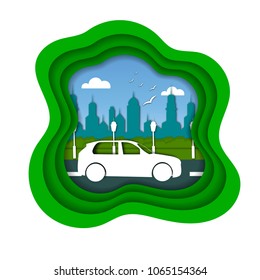 Digital craft. ecology. green City. A car. Effect paper. For your design. scrap.