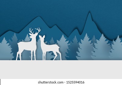 Digital craft made deer couple on snowfield with pine forest and mountain in paper cut style. Vector illustration. Design for poster, banner, backdrop, wallpaper.
