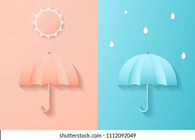 Digital craft paper art umbrella with sun and rain drop minimal style , abstract pink blue background , summer and rainy season , vector illustration