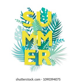 Digital craft. Summer tropical background with exotic palm leaves and plants. Vector floral banner with paper cut jungle leaves. Design for banner, flyer, invitation, poster, web site or greeting card