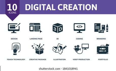 Digital Creation Icon Set. Collection Contain Mobile App, Landing Page, Branding, Coding, 3d And Over Icons. Digital Creation Elements Set.