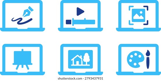 Digital creative suite laptop displays signature video editing photo framing easel painting landscape design tools.