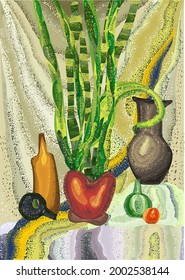 Digital creative work - still life with Sansevieria flower, apple, clay jug and glass bottles, scalable poster 