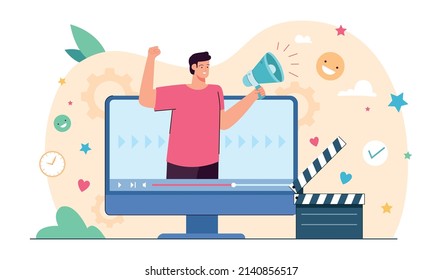 Digital creator advertising business content through video. Man on computer screen flat vector illustration. Marketing, social media or network concept for banner, website design or landing web page