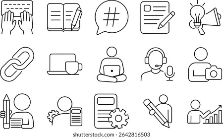 Digital Creator Line Icon Collection – Featuring Tools for Blogging, Marketing, and Online Growth.