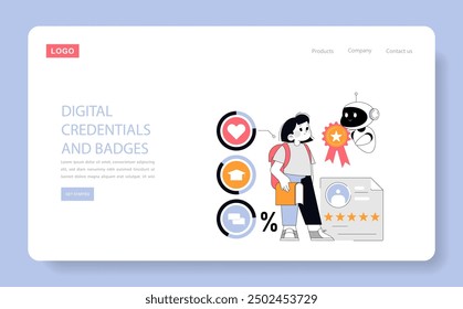 Digital credentials concept. Student receiving a badge from a robot, symbolizing online learning achievements. Modern education and technology interface. Vector illustration.