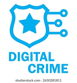Ícone de crime digital com crachá de polícia e nós técnicos. Vetor.