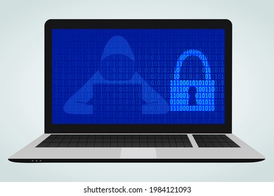 Digital crime and security illustration vector in flat cartoon style. Hacked text, hacker, laptop, matrix binary numbers in blue. Cyber protection,reverse engineering,computer virus concept design.