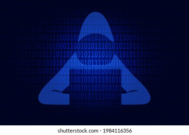 Ilustración de vectores de delitos digitales en estilo plano. Hacker, cuaderno, texto hackeado, números binarios de matriz azul. Seguridad cibernética y de red, virus, ingeniería inversa, diseño de concepto de crimen digital.