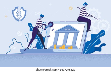 Digital Crimes, Law Breaking Trendy Flat Vector Concept. Criminals in Masks, Robbers with Tools, Hackers Attacking Online Security System, Stealing Money, Robbing Online Bank Account, Illustration