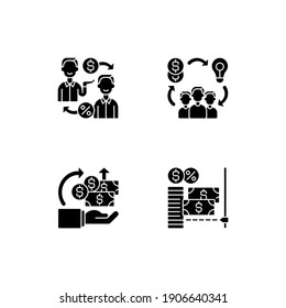 Digital Crowdfunding Platforms Black Glyph Icons Set On White Space. Peer To Peer Lending Strategy. Helping Other People With Money. Silhouette Symbols. Vector Isolated Illustration