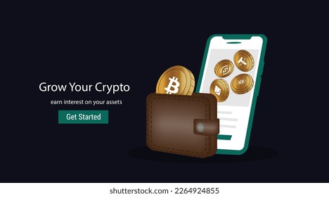 Digital crypto mobile wallet, Golden coins of Bitcoin, btc, ethereum, cardano, ada, USD Coin, USDC, Tether, USDT coins display on smart phone. Cryptocurrency exchange, Trade, wallet.
