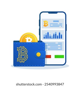 Carteira Bitcoin criptomoeda digital com aplicativo móvel, ilustração vetor plana. 