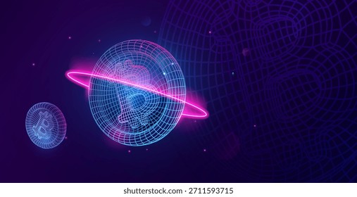 Digitales Kryptowährungskonzept. Futuristisches Drahtmodell Bitcoin Crypto Design mit Neon-Lichteffekten. Abstrakte Kryptowährung auf dunkelblauem Hintergrund. 3D-Vektorgrafik.