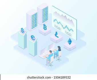 Digital cryptocurrency exchange isometric illustration with different virtual currency