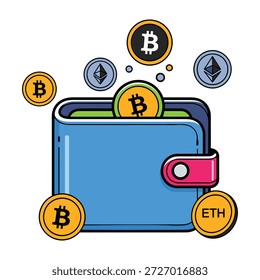 Digital Cryptocurrency Wallet with Bitcoin and Ethereum Coins Floating Around Keywords cryptocurrency, bitcoin, Ethereum, crypto, wallet, digital wallet, finance, money, coin, currency