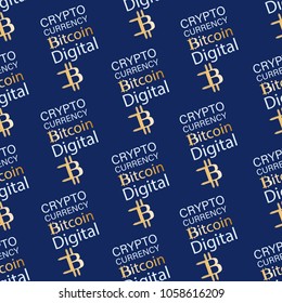 Digital cryptographic Bitcoin. Seamless pattern. Digital currency. Golden bitcoin. Crypto currency background. Gold sign of crypto currency on a blue background. Illustration of financial technologies