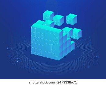 Digital Cube or blocks geometric with abstract circuit board in shapes  vector design concept. AI technology cube for big data, new tech, machine learning, web, robotics, ui, Cyber security, ads.