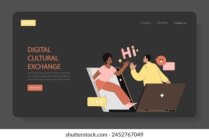 Digital Cultural Exchange concept. Two individuals connect across a laptop screen, exchanging greetings. Bridging distances through technology. Vector illustration.