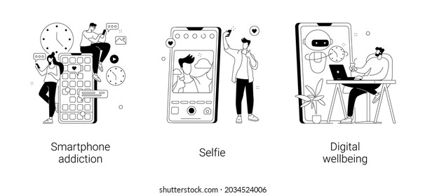 Digital Culture Abstract Concept Vector Illustration Set. Smartphone Addiction, Selfie, Digital Wellbeing, Phone Checking, Social Network, Digital Camera, Stress Management Abstract Metaphor.