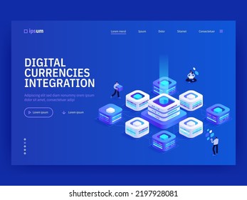 Digital currencies integration isometric vector image on blue background. Easy access to cryptocurrency wallets. Blockchain network. Web banner with space for text. Composition with 3d components