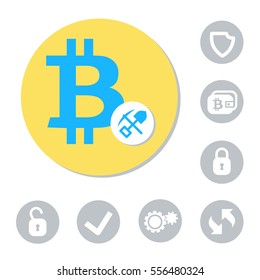 digital currency bitcoin mining sign, and small set of business icons for bitcoin theme