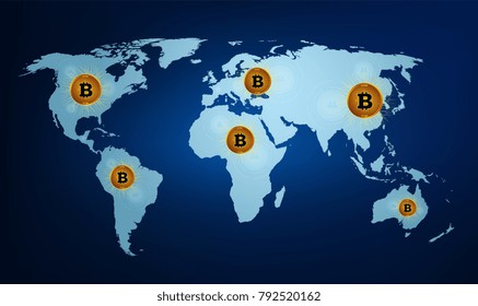 Digital currency bitcoin on the world map. Digital money technology around the world.