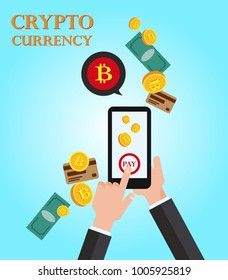 Digital currency bitcoin in smartphone application - vector concept illustration in flat style. Human hand banner. Money creative layout. Modern finance economic. Graphic design.Vector illustration. 