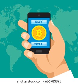 Digital currency bitcoin in smartphone application - vector concept illustration in flat style. Human hand banner. Money creative layout. Modern finance economic. Graphic design. 