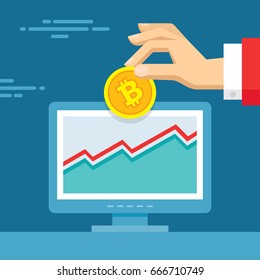 Bitcoin de moneda digital - ilustración conceptual vectorial en estilo plano. Cartel de mano humana. Diseño creativo del dinero de inversión. Finanzas económicas modernas. Diseño gráfico.
