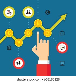 Digital currency bitcoin - vector concept illustration in flat style. Human hand and exchange schedule of growth. Investment money creative banner. Infographic of modern finance economic. 