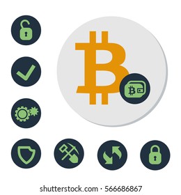 Digital currency bitcoin vector sign with set of digital finances icons
