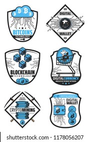 Digital currency and blockchain technology icons for financial operations with cryptocurrency. Optical fiber and online cloud, bitcoin in cart and wallet. Innovative payment network signs vector