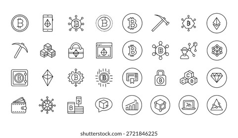 Conjunto de iconos de línea de tecnología de moneda digital y blockchain, símbolos de Vector profesional para criptomonedas, bitcoin y finanzas descentralizadas aislados sobre fondo blanco