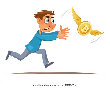 Digital currency. Cartoon man trying to catch bitcoin. Cartoon styled vector illustration. Elements is grouped. Isolated on white. No transparent objects.