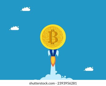 Concepto de moneda digital. BitcoinRocket vuela en el cielo