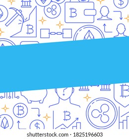 Digital currency concept poster in line style. Cryptocurrency banner with place for text. Bitcoin and digital coins symbols. Vector illustration.