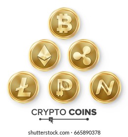 Digital Currency Counter Icon Set Vector. Fintech Blockchain. Famous World Cryptography. Gold Coins. Crypto Currency Money Finance Sign Illustration. Bitcoin, Litecoin, Peercoin, Ripple Coin, Etherum