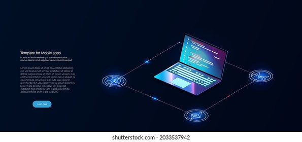 Moneda digital o granja de minería de criptodivisa. Creación de bitcoines. Minería criptográfica, concepto de cadena de bloqueo. Página de inicio del mercado de divisa criptográfica. Holograma de una moneda de Bitcoin sobre fondo azul futurista