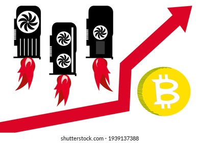 Digital currency or cryptocurrency mining and graphic of prices rising for video cards, Bitcoins creation using video cards