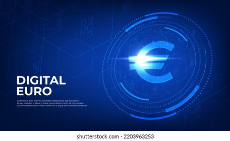 Digital currency Euro sign, Currency EUR (European Euro) futuristic digital money on blue abstract technology background, vector.