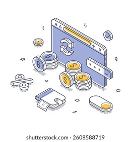 Digital currency exchange platform with various coins and a wallet. Modern vector isometric line illustration